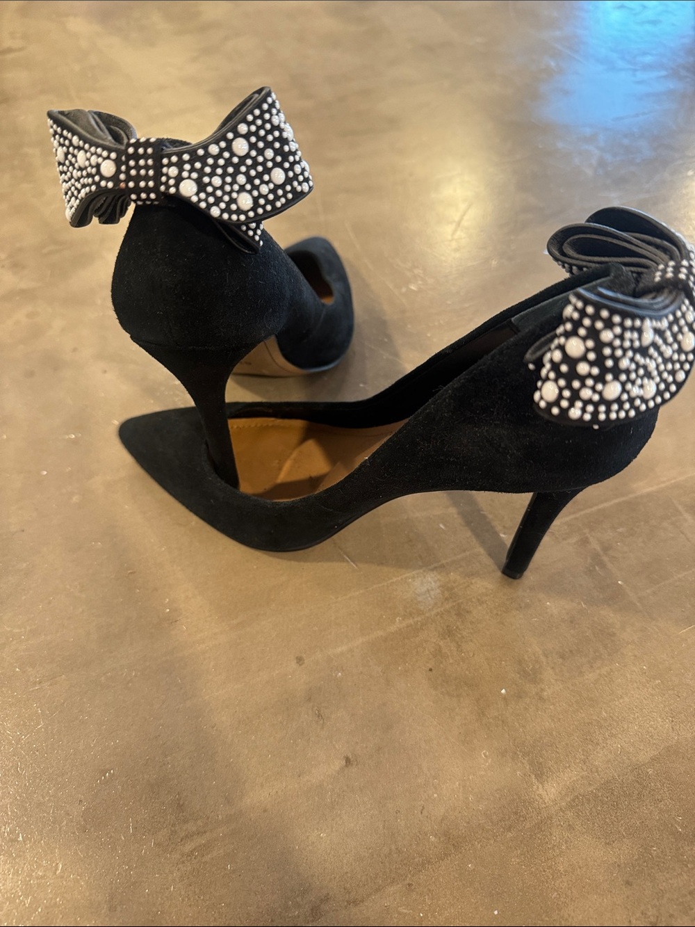 Black Suede Pointed Toe Heels with Embellished Bow
